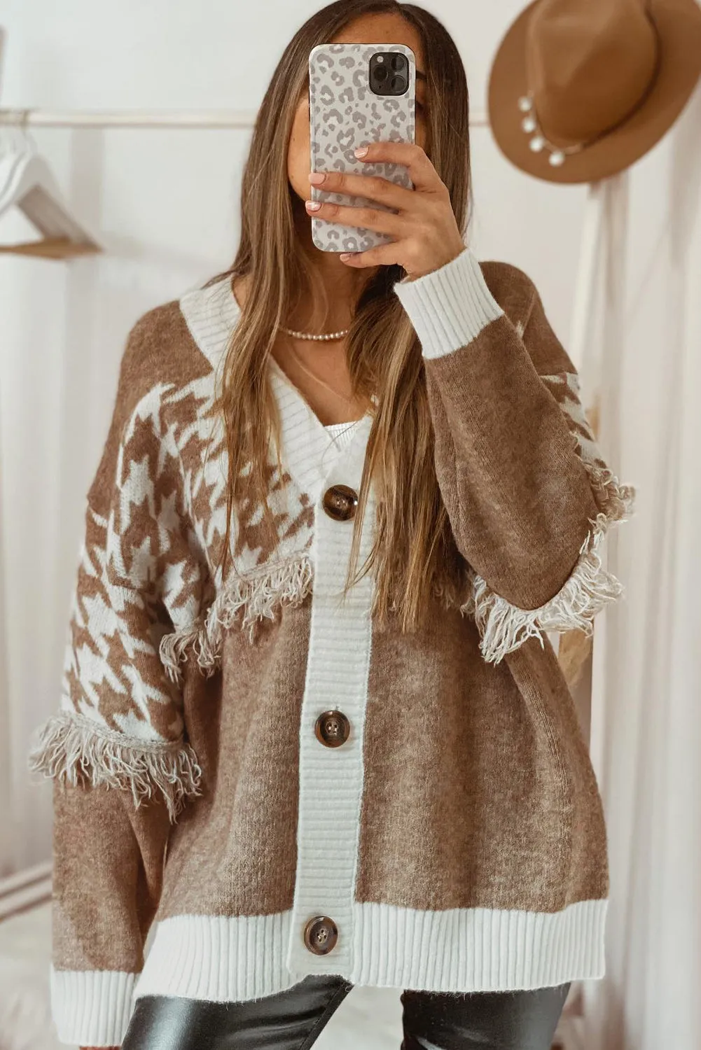 Houndstooth Cardigan Colour Block V-Neck Raw Edge Button Front sold by eAura product image thumbnail 2