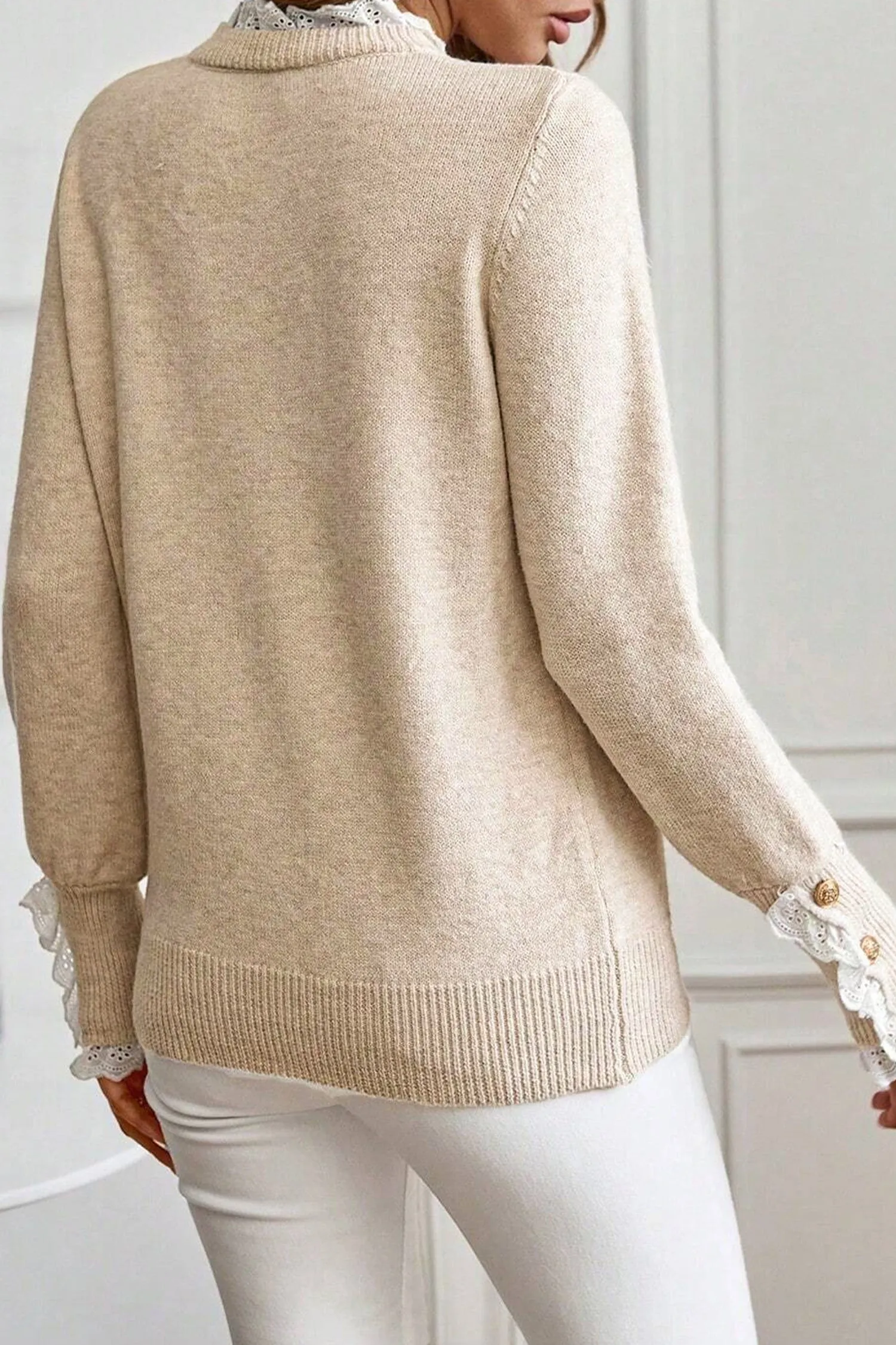 Lace Trim Sweater Patchwork Buttoned Cuffs Loose Sweater sold by eAura product image thumbnail 5