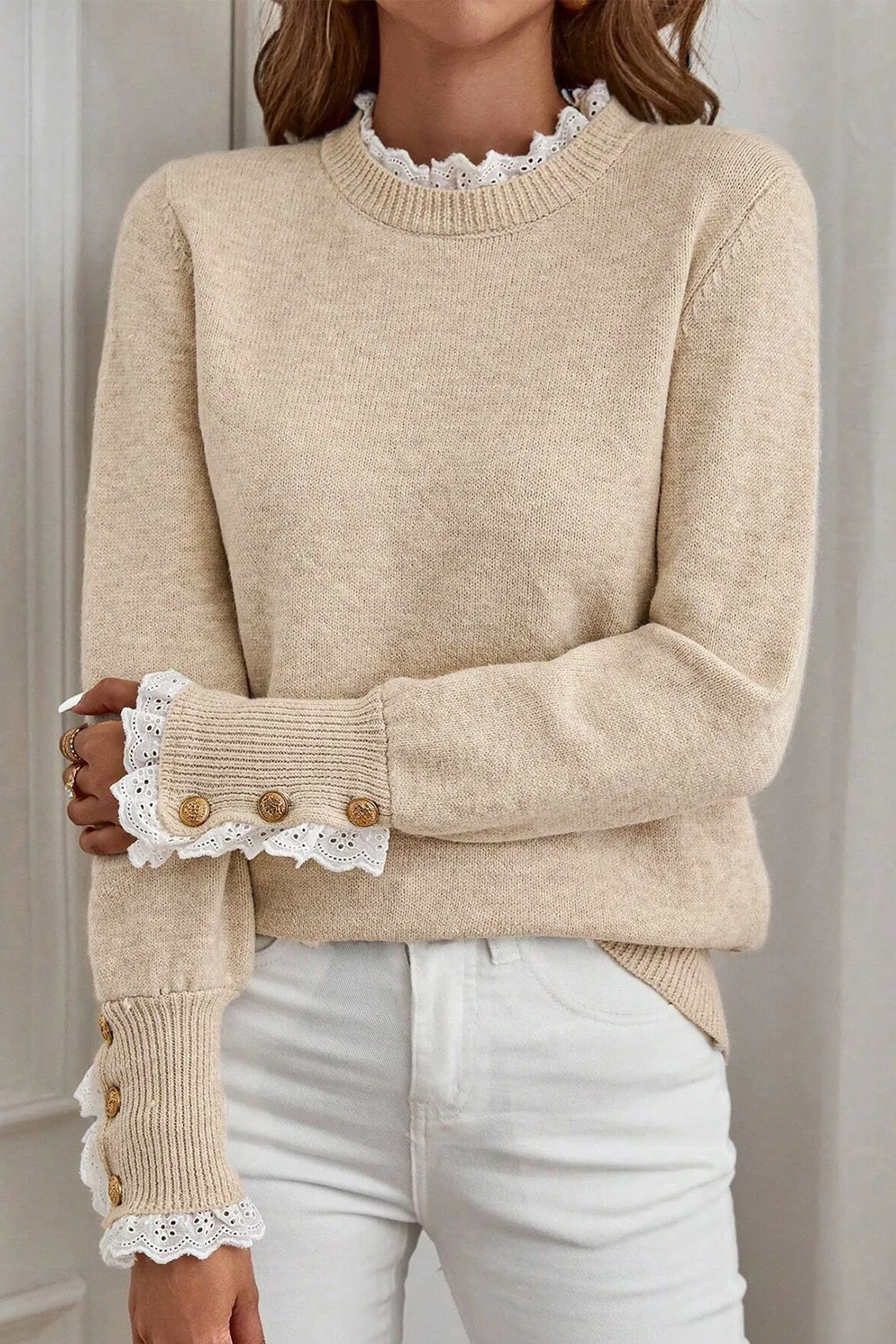 Lace Trim Sweater Patchwork Buttoned Cuffs Loose Sweater sold by eAura product image thumbnail 4