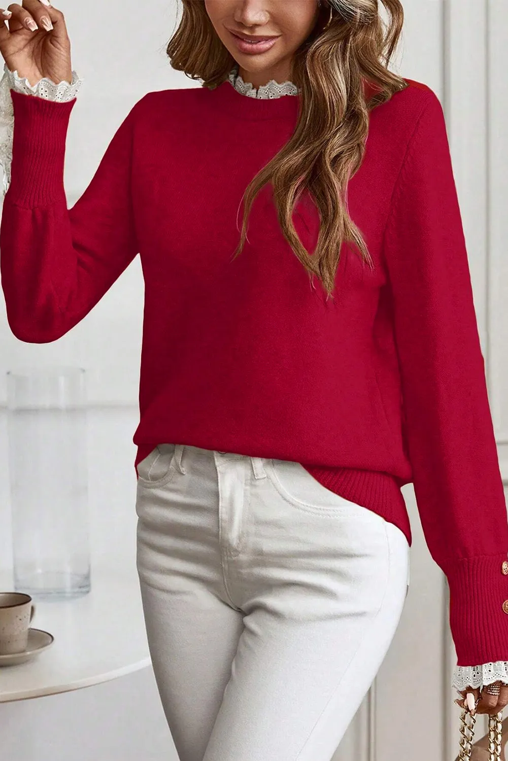 Lace Trim Sweater Patchwork Buttoned Cuffs Loose Sweater sold by eAura product image thumbnail 3