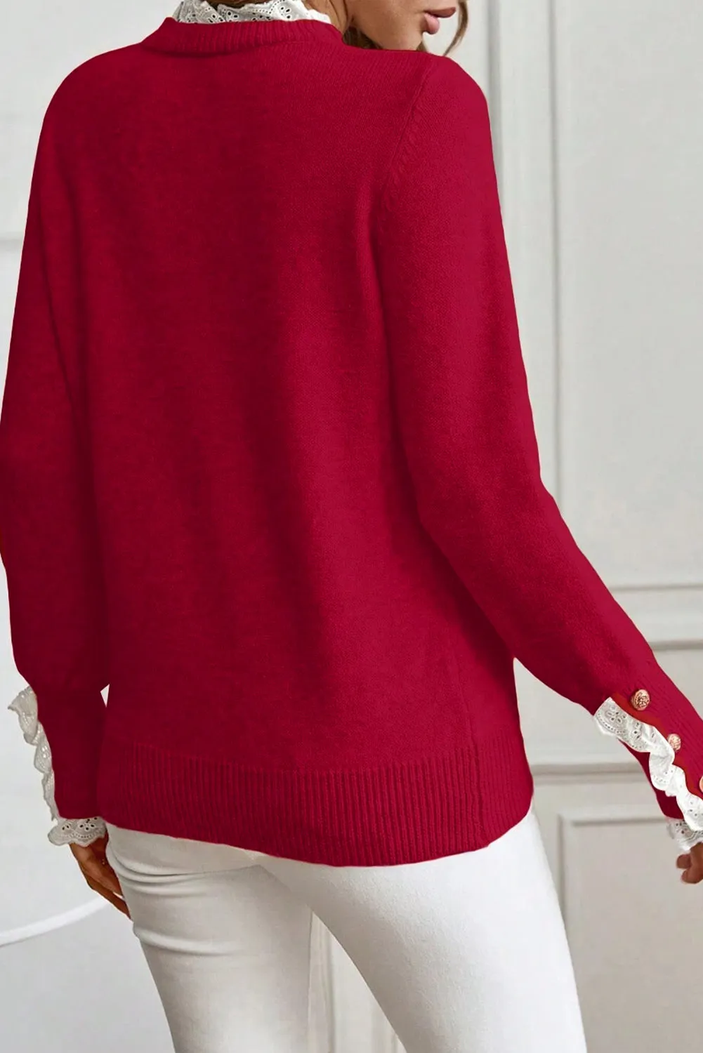 Lace Trim Sweater Patchwork Buttoned Cuffs Loose Sweater sold by eAura product image thumbnail 2