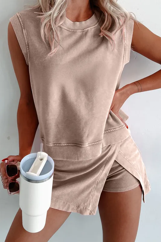 Skort Co-ord Set Mineral Wash Cotton Tank Top Lined Split Skirt sold by eAura