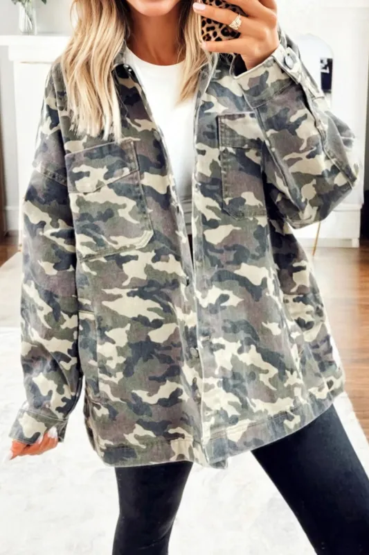 Camo Chest Pockets Oversized Denim Jacket sold by eAura