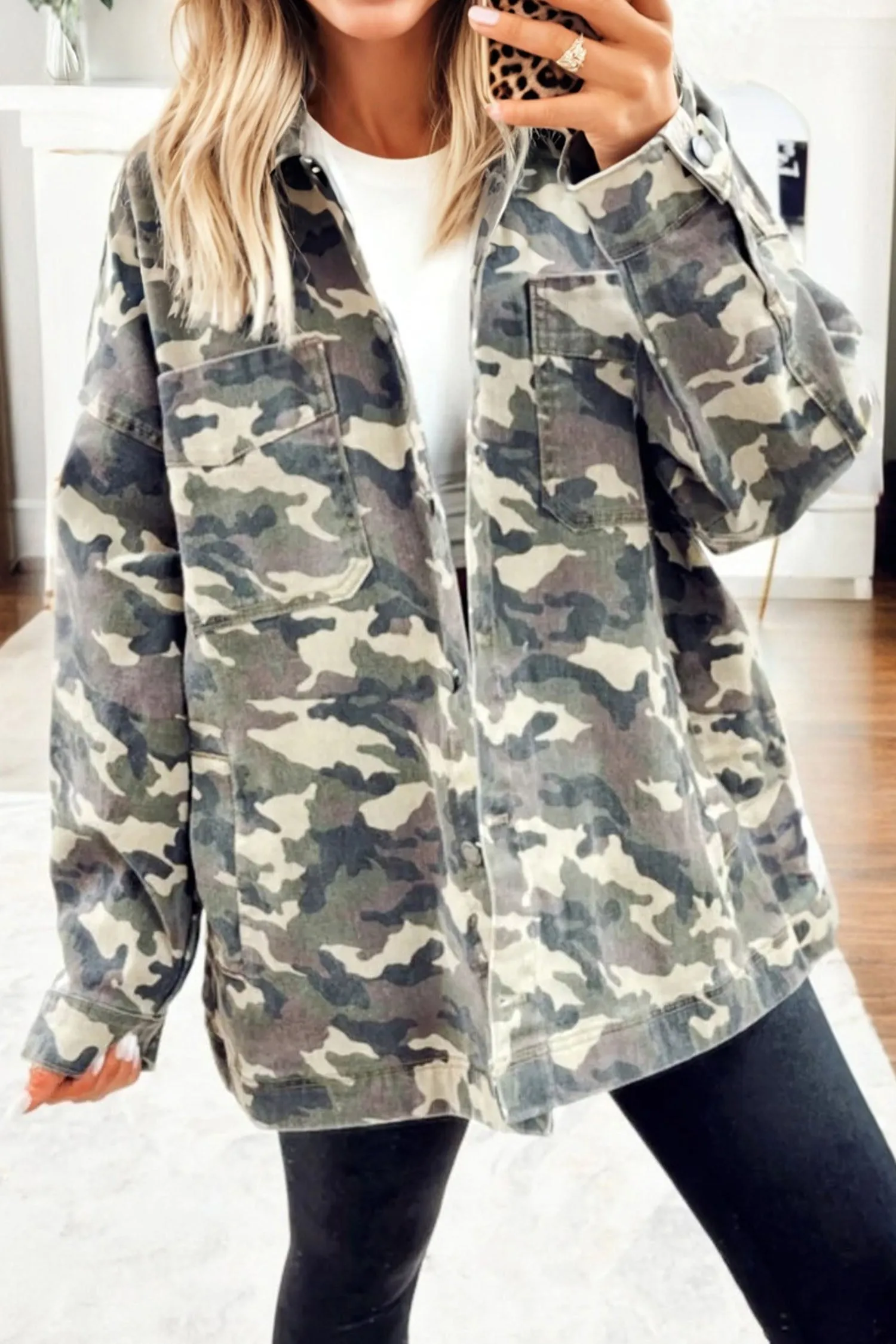 Camo Chest Pockets Oversized Denim Jacket sold by eAura
