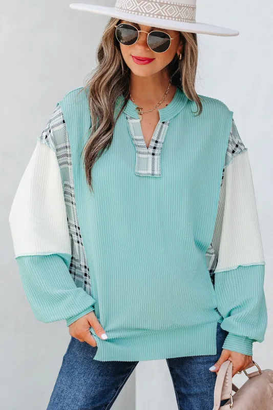 Soft Corded Texture Patchwork Split Neck Long Sleeve Top sold by eAura