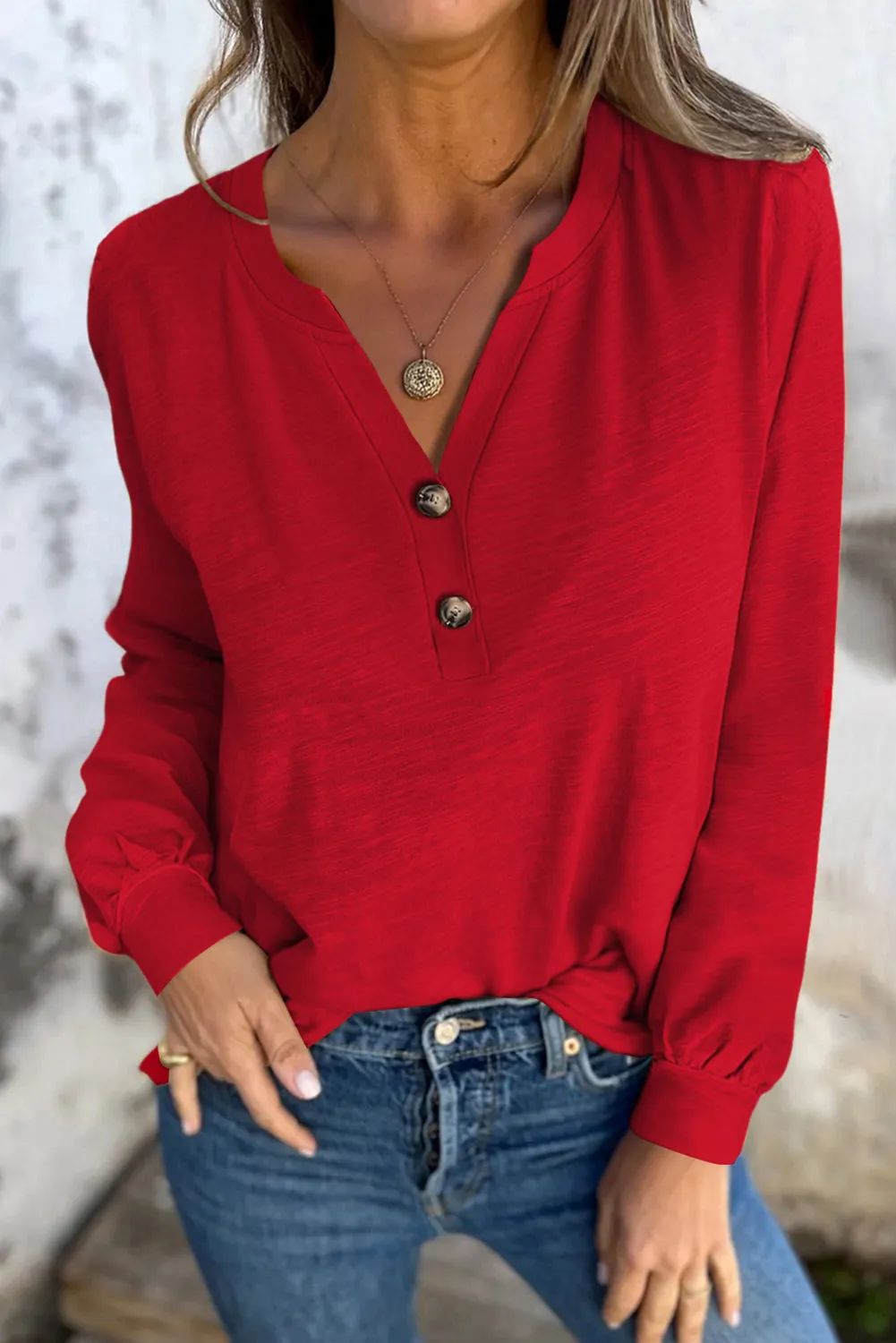 Button V-Neck Long Sleeve Top sold by eAura product image thumbnail 2