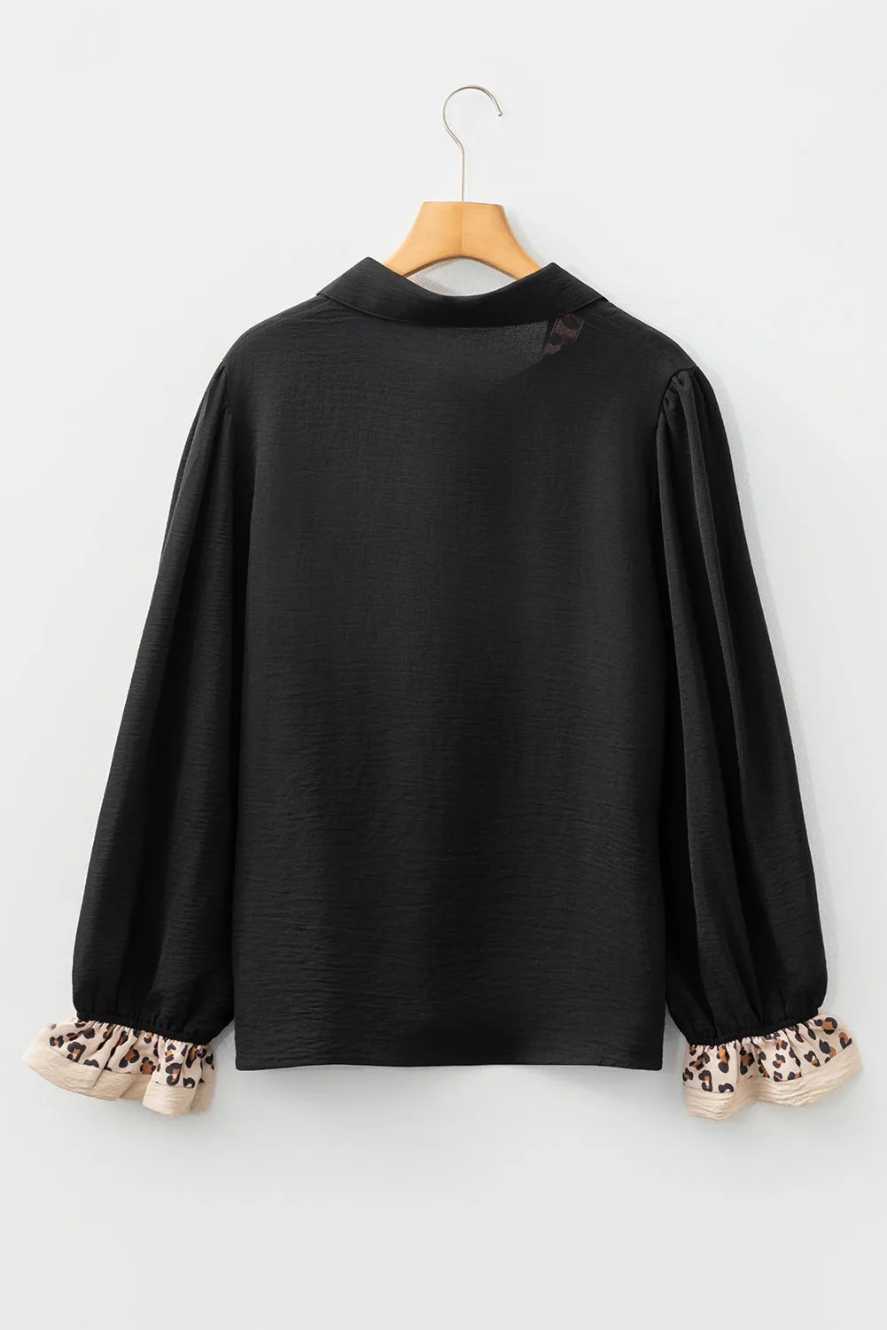 Contrast Leopard Print Polo Collar Buttons Front Ruffled Long Sleeve Blouse sold by eAura product image thumbnail 5