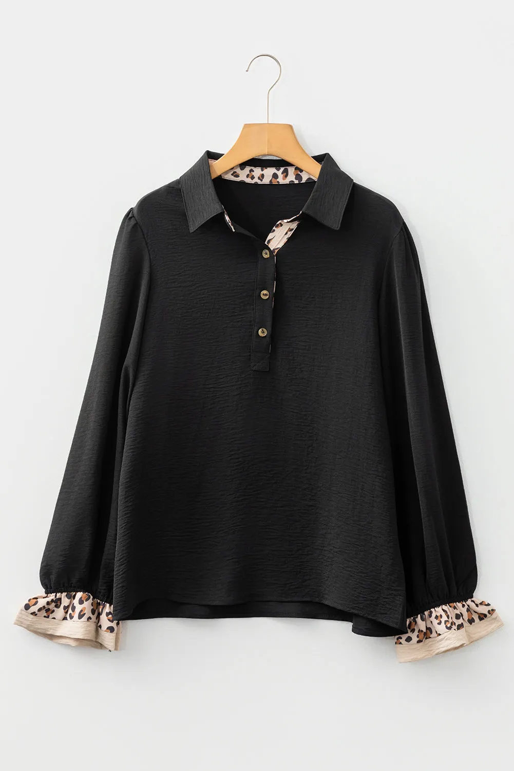Contrast Leopard Print Polo Collar Buttons Front Ruffled Long Sleeve Blouse sold by eAura product image thumbnail 4