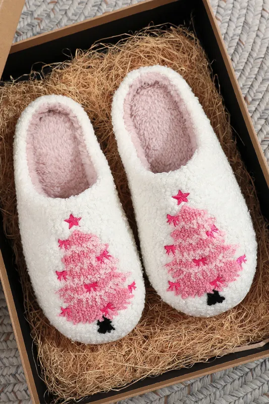 White Plush Christmas Tree Color Contrasted Liner House Slippers sold by eAura