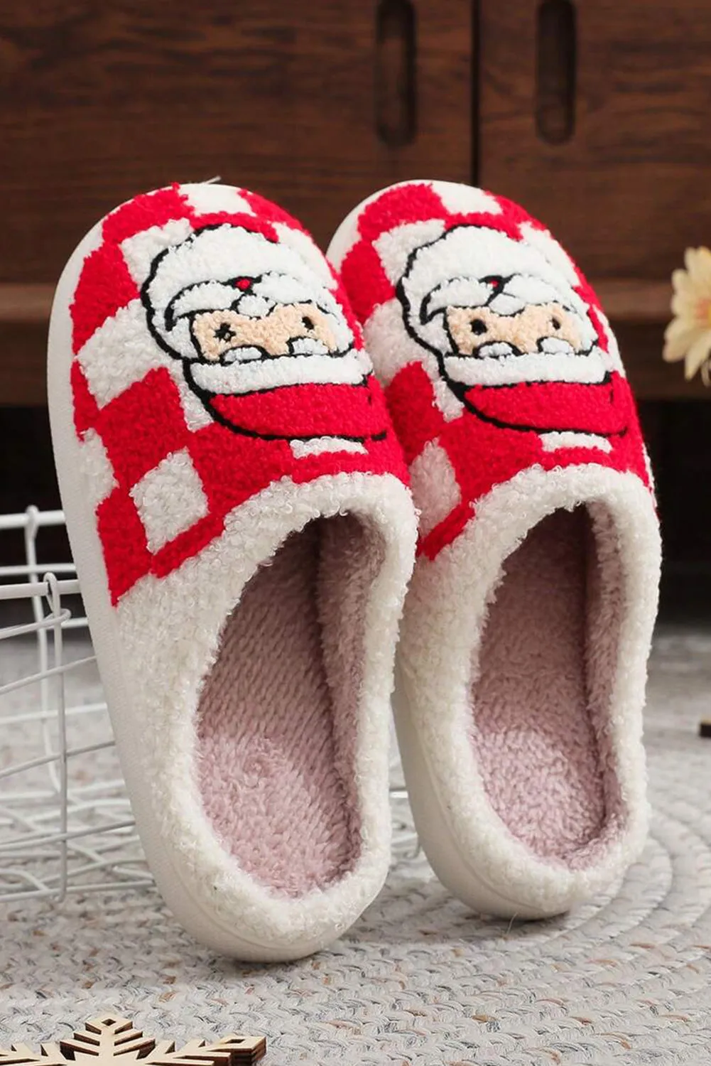 Checkered Santa Claus Graphic Plush Home Slippers sold by eAura product image thumbnail 2