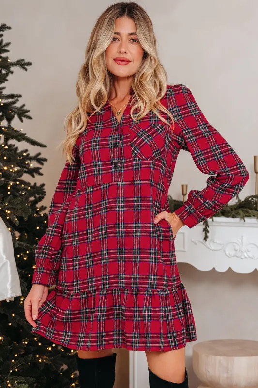 Plaid Shirt Collar Half Button Ruffle Hem Long Sleeve Mini Dress sold by eAura