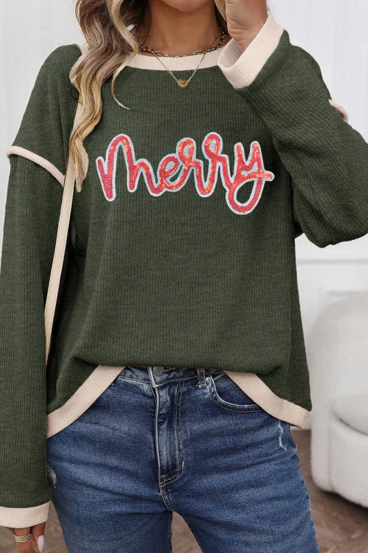 Merry Patched Graphic Contrast Trim Christmas Knitted Long Sleeve Top sold by eAura