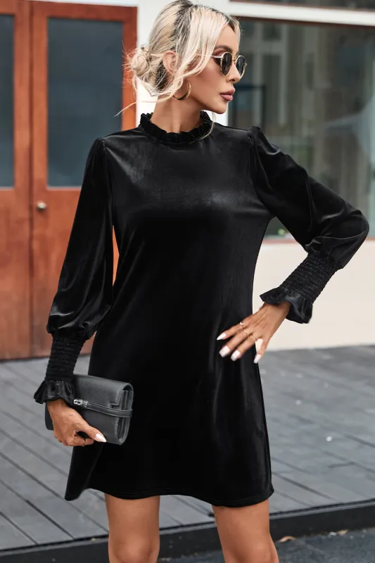 Black Velvet Frill Neck Long Sleeve Shift Dress sold by eAura