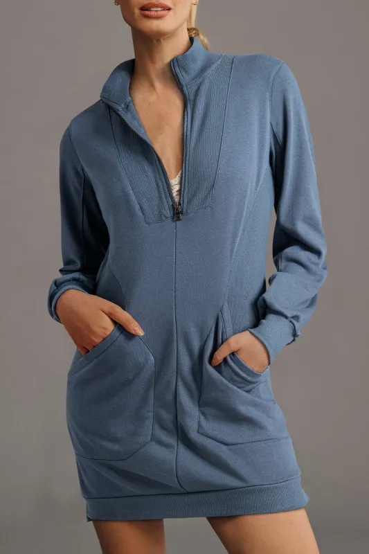 Zip-up Collared Ribbed Patchwork Sweatshirt Dress with Pockets sold by eAura