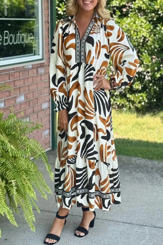 Brown Tropical Printed Contrast Trim Neck Long Sleeve Ruffle Hem Dress sold by eAura