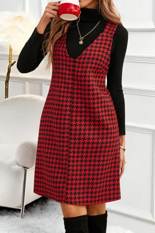 Houndstooth Print V-Neck Sleeveless Mini Dress sold by eAura