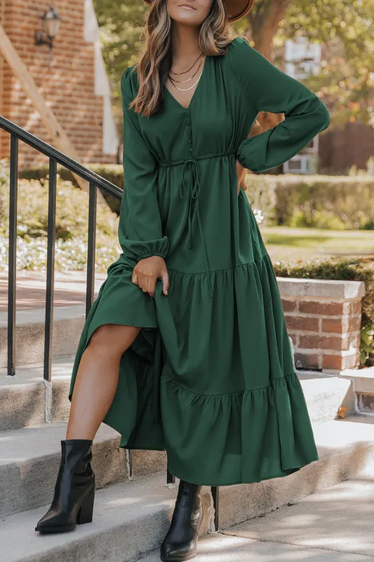 Long Sleeve Button V-Neck Tiered Maxi Dress sold by eAura