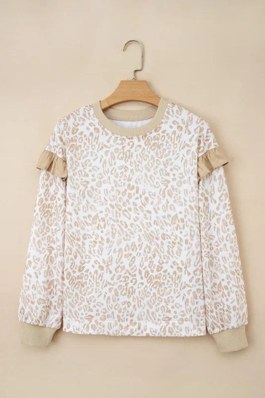Leopard Ruffle Detail Ribbed Trim Round Neck Sweatshirt sold by eAura