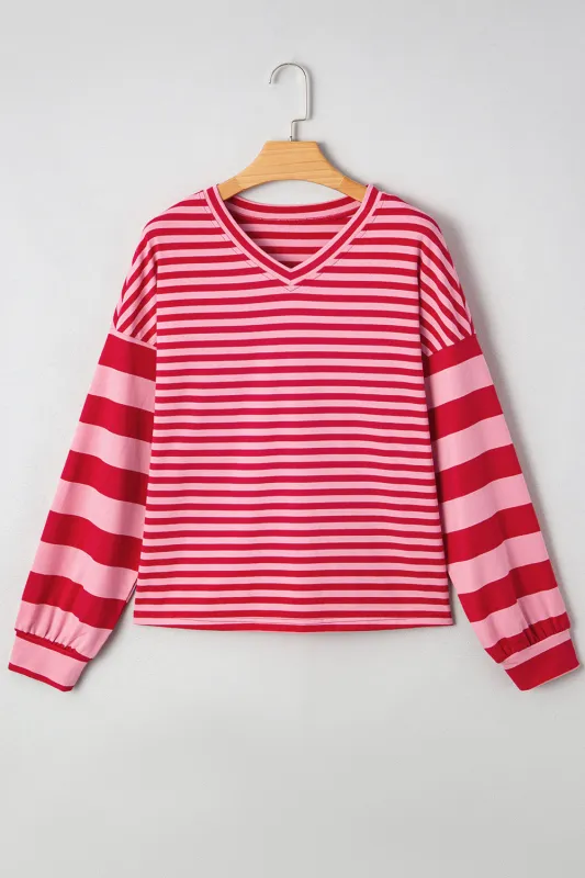 Mix Striped Drop Shoulder Patchwork Sleeve V-Neck Pullover sold by eAura