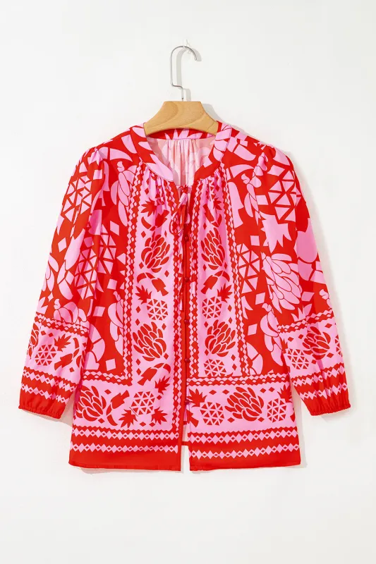 Abstract Floral Print Tie Neck Button Decor 3/4 Sleeve Blouse sold by eAura