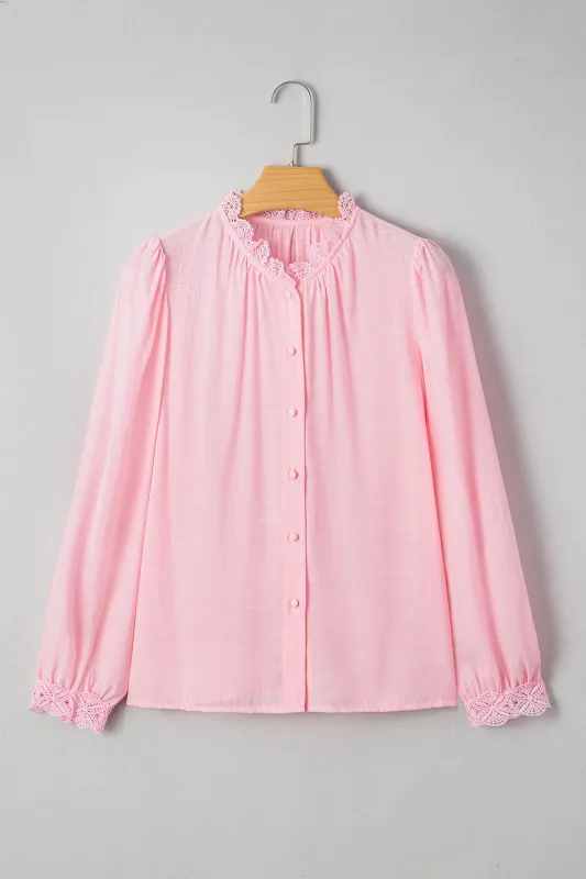 Lace Patchwork Edge Collarless Button Up Shirt sold by eAura