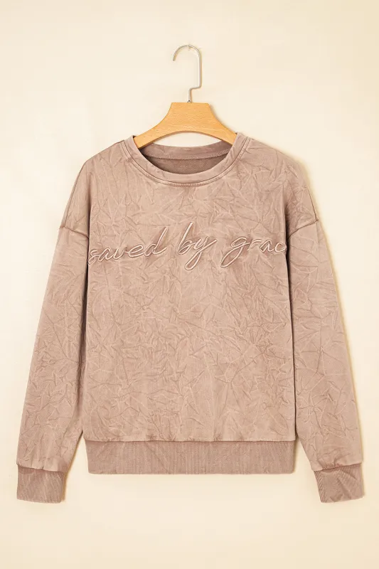 "Saved By Grace" Letter Embroidery Mineral Wash Loose Sweatshirt sold by eAura