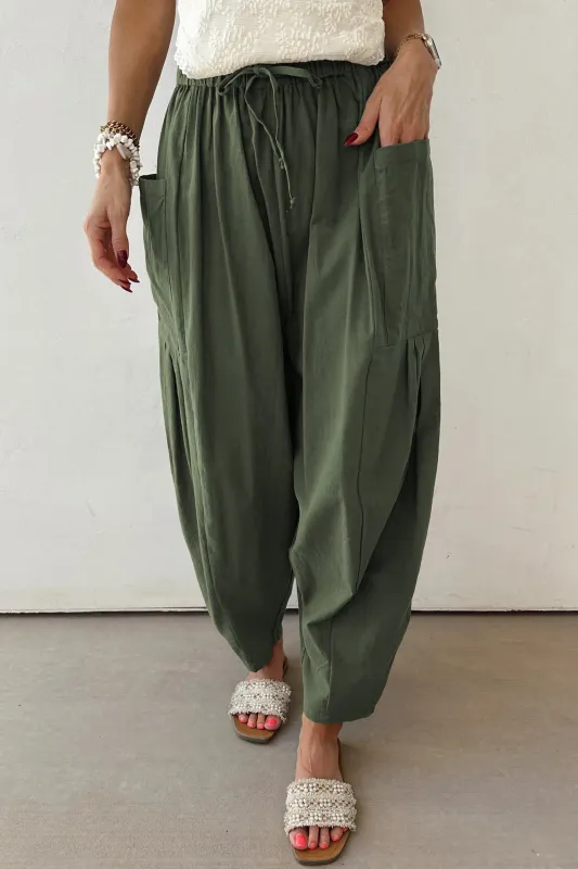 Drawstring Elastic Waist Pocket Barrel Leg Casual Pants sold by eAura