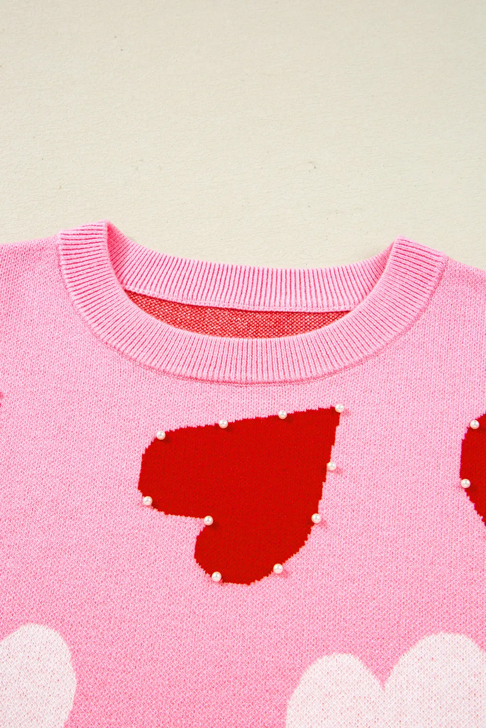 Pink Pearl Embellished Heart Pattern Sweater sold by eAura product image thumbnail 3
