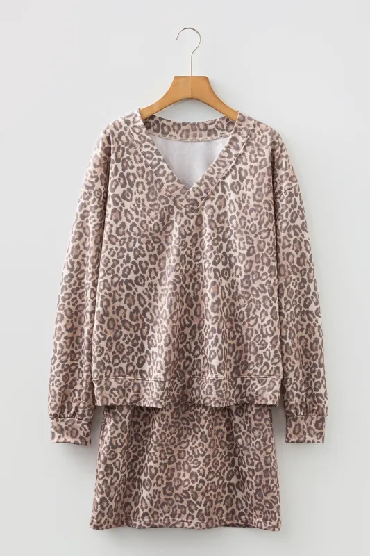 Leopard Print V-Neck Pullover Mini Skirt Co-ord Set sold by eAura