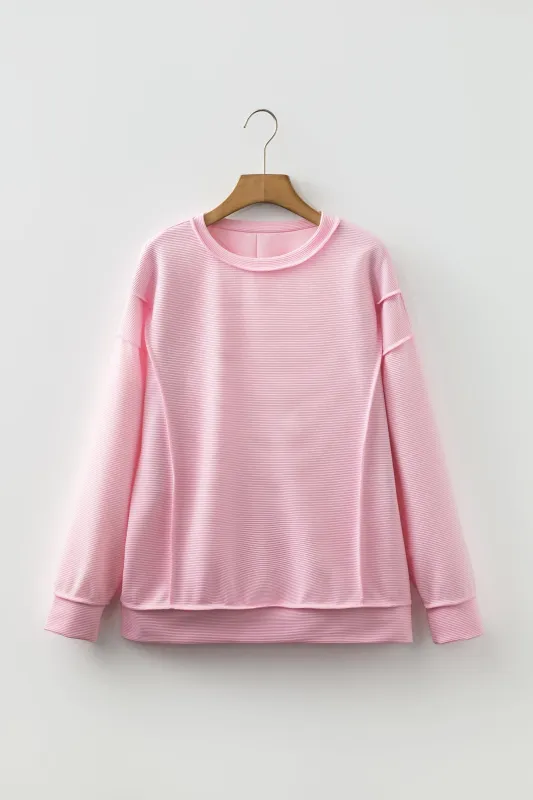 Horizontal Ribbed Exposed Seam Detail Long Sleeve Top sold by eAura