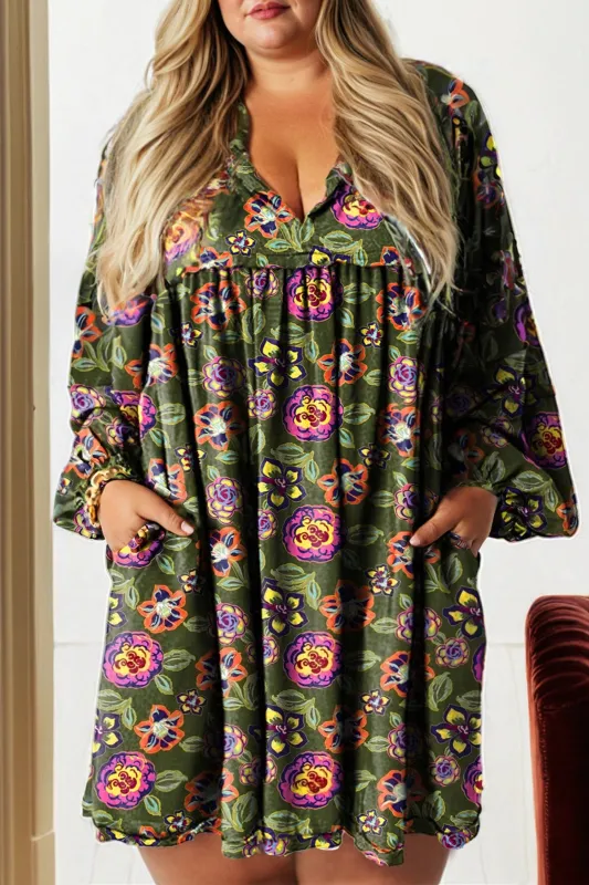 Plus Size Floral Print Collared V-Neck Loose Mini Dress sold by eAura