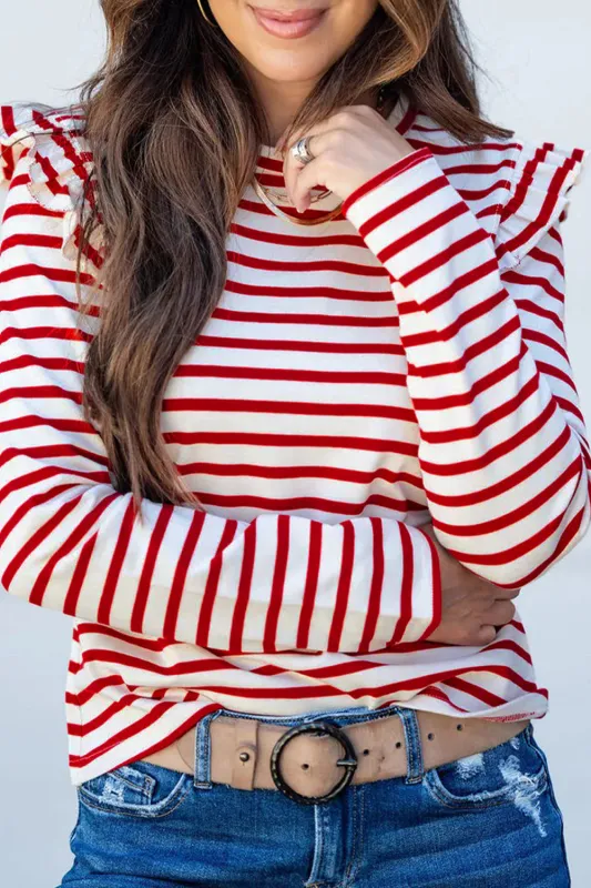 Stripe Round Neck Ruffle Trim Long Sleeve Top sold by eAura