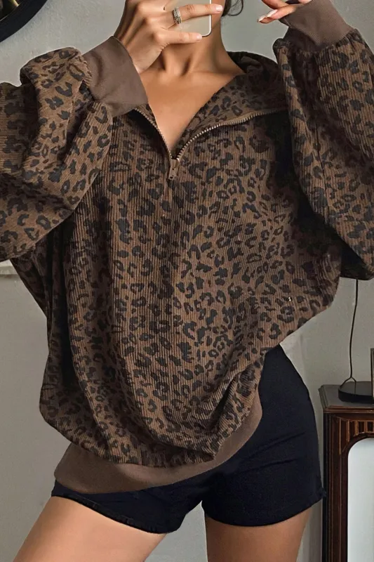 Leopard Print Quarter Zip Soft Corduroy Sweatshirt sold by eAura