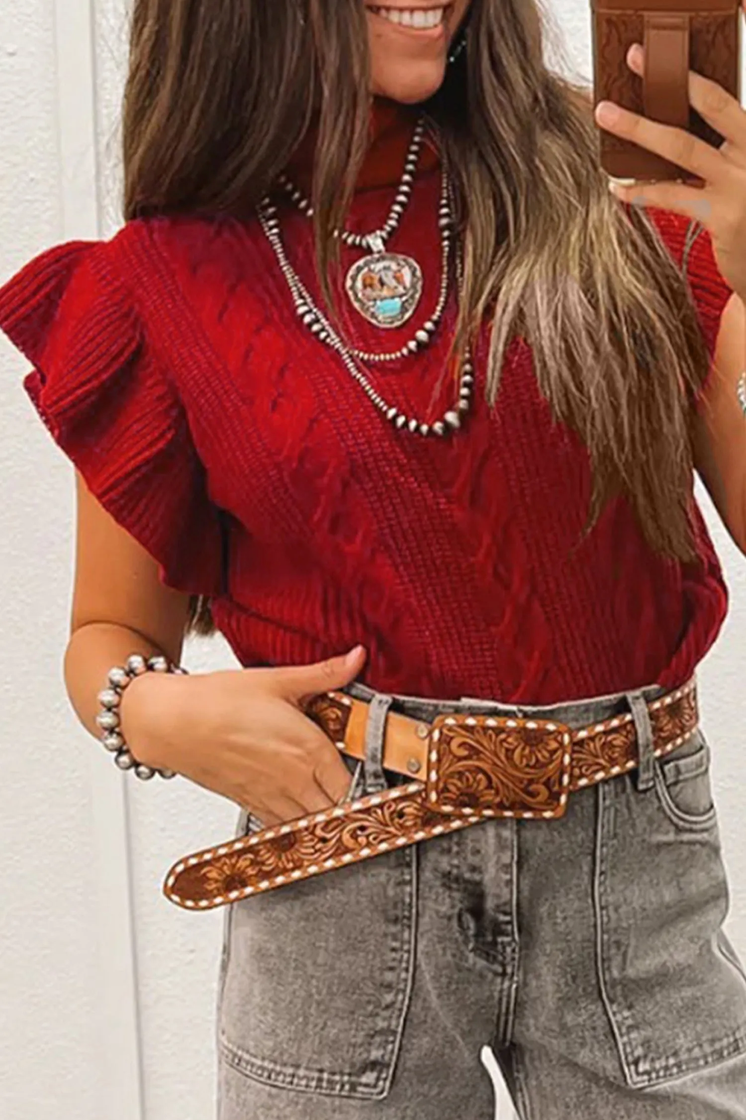 Cable Knit Turtleneck Ruffled Short Sleeve Sweater sold by eAura product image thumbnail 4
