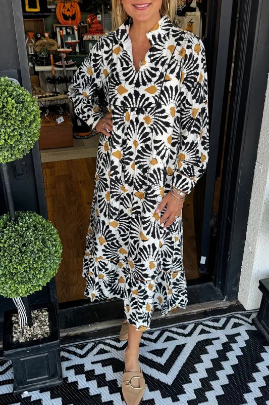 Abstract Floral Print Split V Neck Long Dress with Sleeves sold by eAura