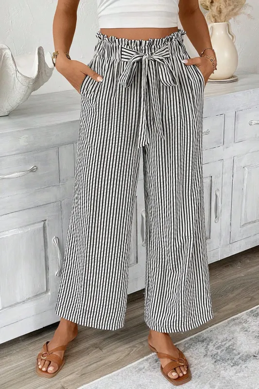Stripe Tied High Waist Loose Straight Casual Pants sold by eAura