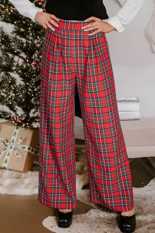 Red Festive Plaid Wide Leg Pull On Trousers sold by eAura