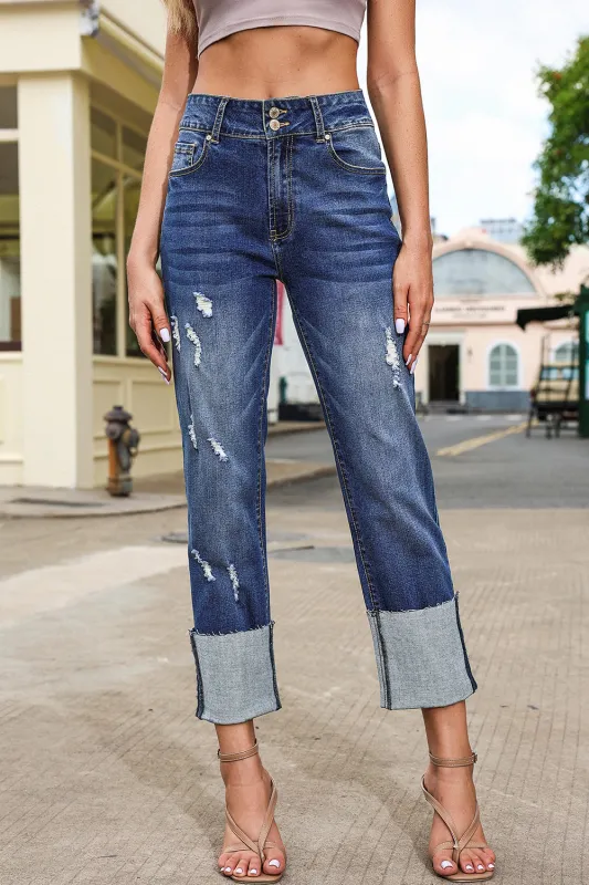 High Waist Distressed Straight Leg Jeans sold by eAura
