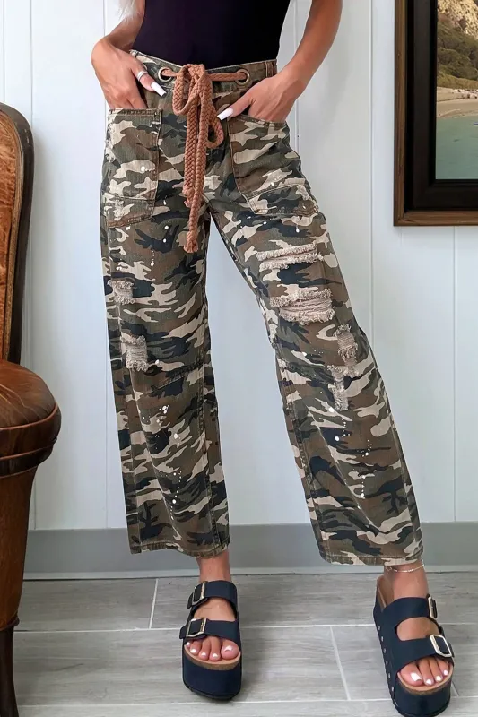 Camouflage Print Splashed Distressed Loose Denim Pants sold by eAura