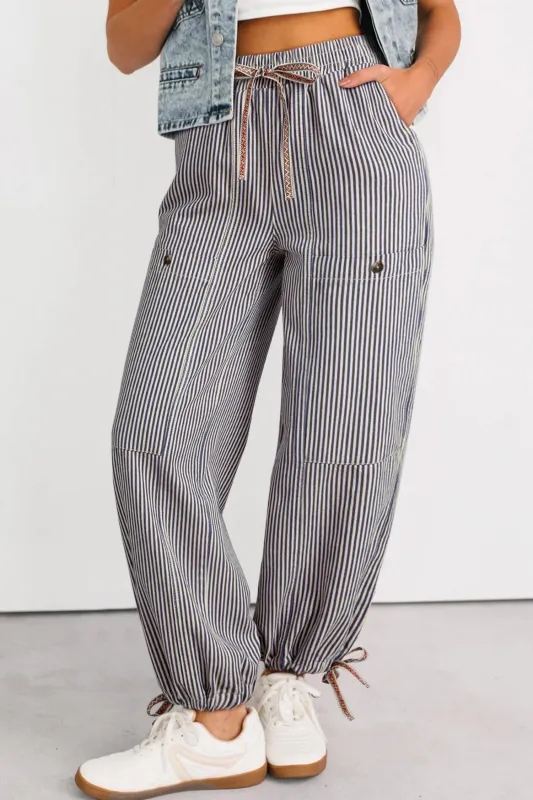 Stripe Button Patch Pocket Drawstring Elastic Waist Loose Pants sold by eAura