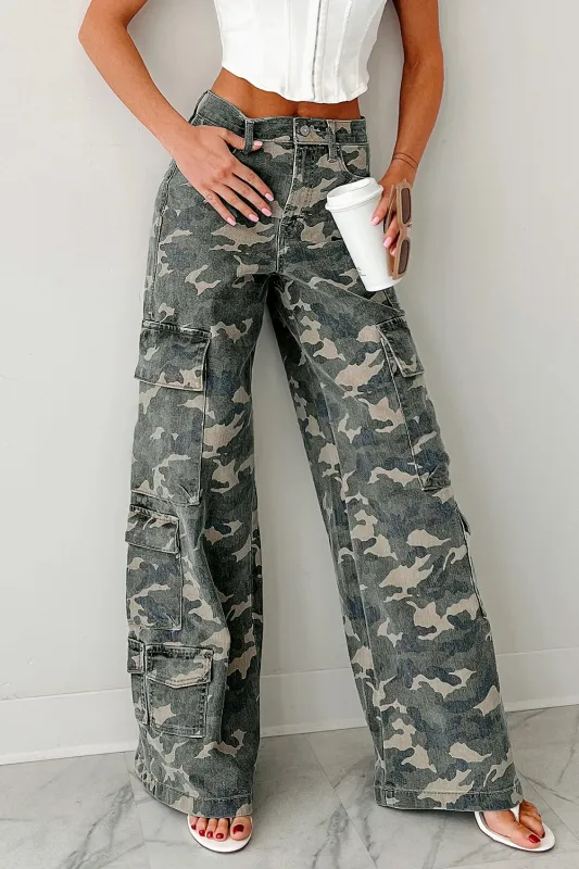 Green Camo Cargo Wide Leg Pants sold by eAura