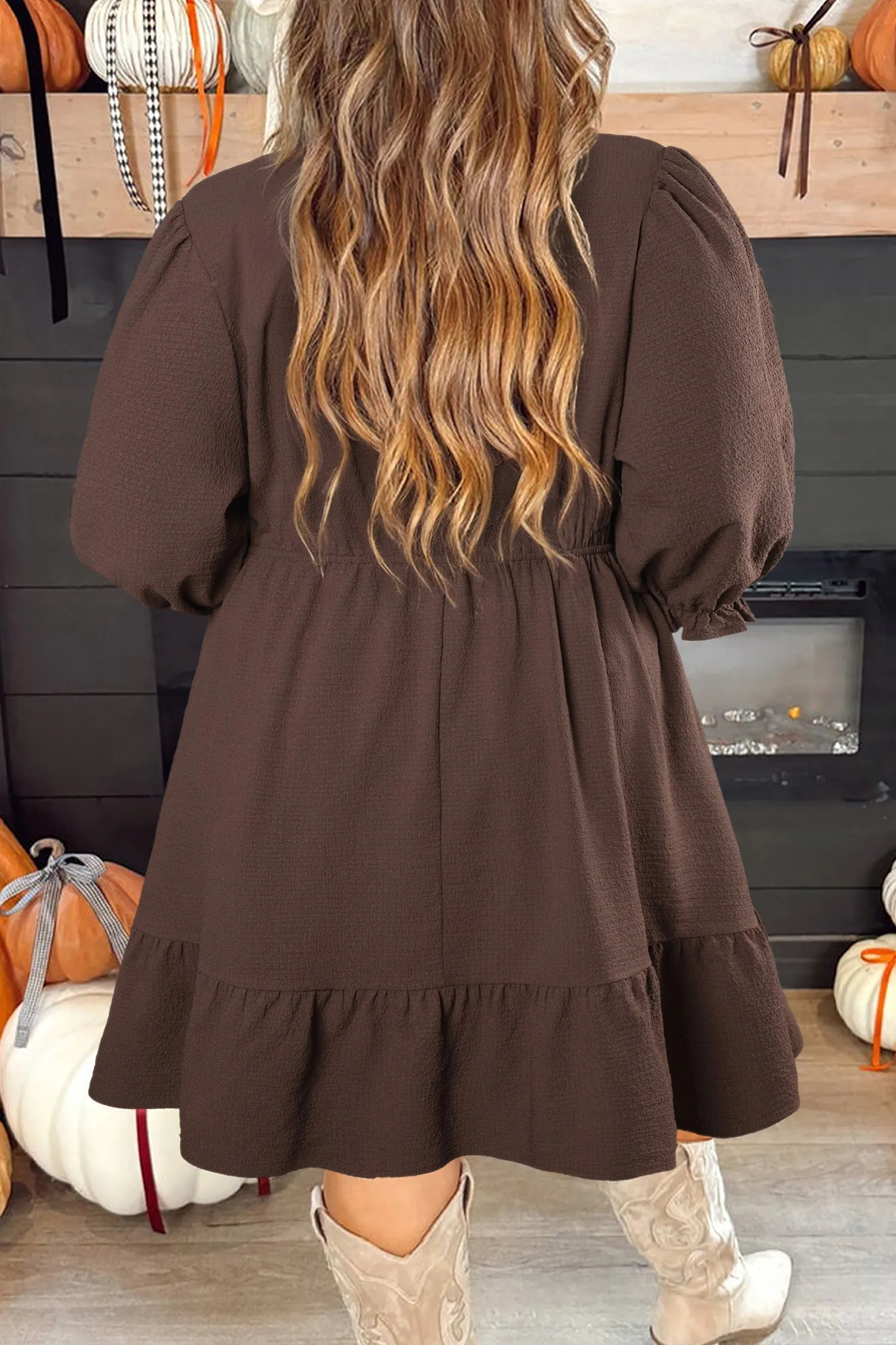 Plus Size Frilled Trim V-Neck Puff Sleeve Textured Mini Dress sold by eAura product image thumbnail 2