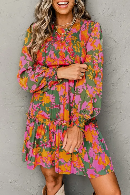 Multicolour Floral Print Long Sleeve Smocked Ruffled Mini Dress sold by eAura