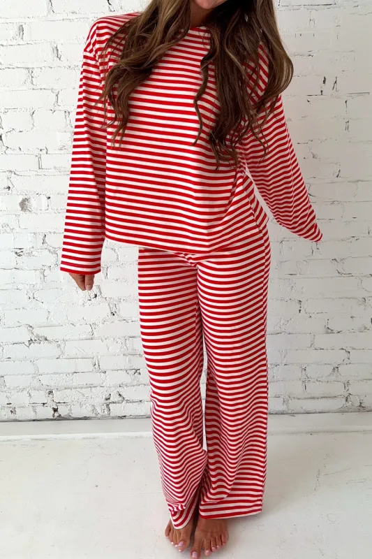 Red Stripe Drop Shoulder Long Sleeve Top Lounge Pants 2pcs Set sold by eAura