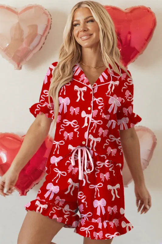 Sweet Bow Print Ruffled Short Sleeve Shirt Shorts Pyjama Set sold by eAura