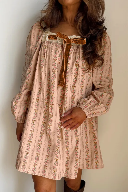 Floral Print Contrast Velvet Bow Lace Patchwork Long Sleeve Loose Mini Dress made by eAura