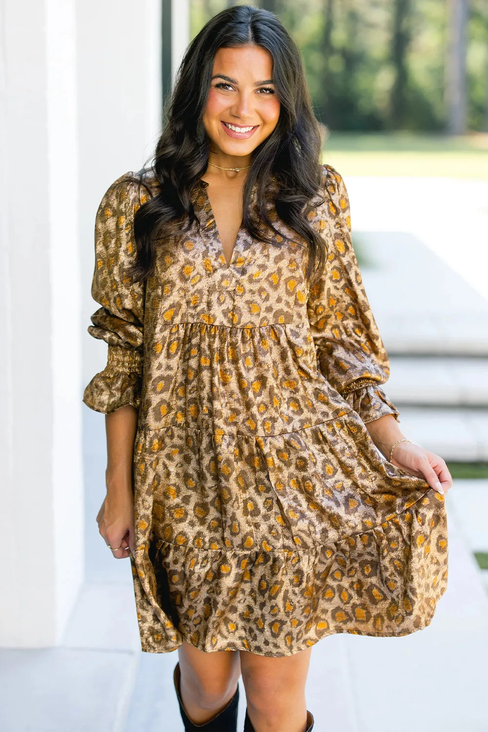 Leopard Print V-Neck Ruffled Sleeve Tiered Loose Mini Dress sold by eAura product image thumbnail 3