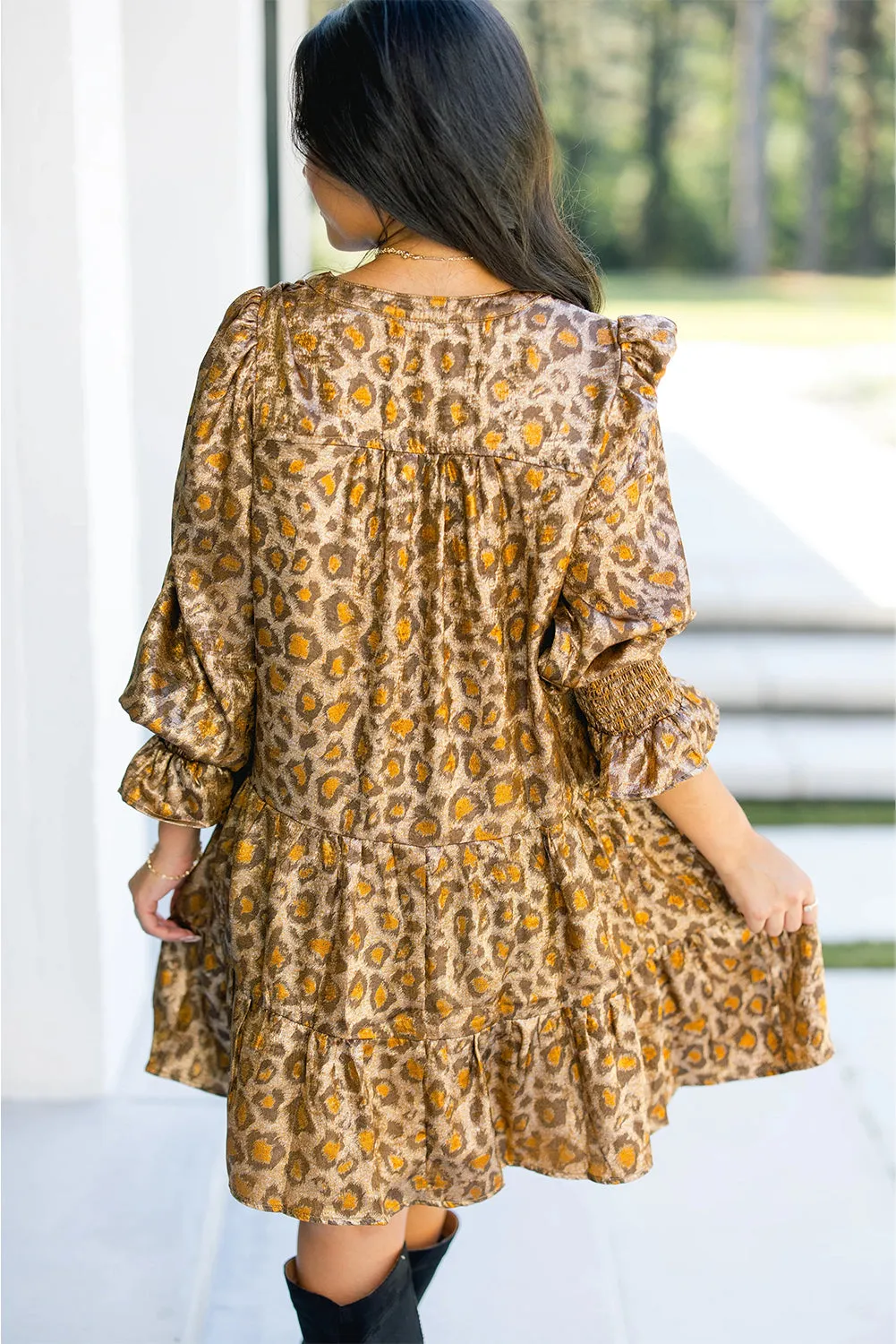 Leopard Print V-Neck Ruffled Sleeve Tiered Loose Mini Dress sold by eAura product image thumbnail 2