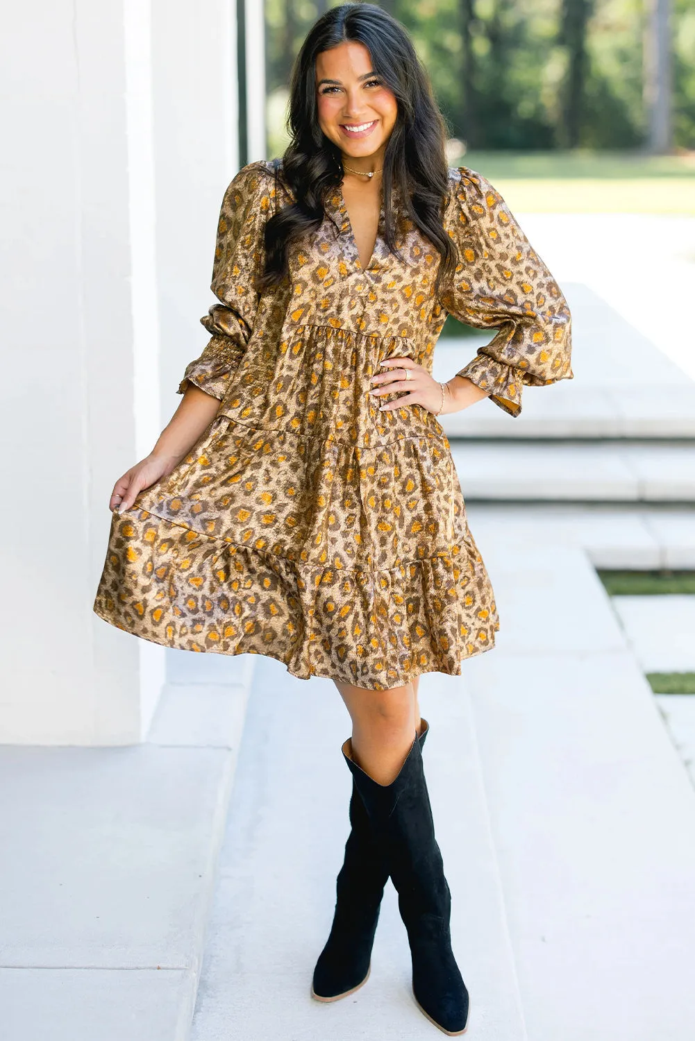 Leopard Print V-Neck Ruffled Sleeve Tiered Loose Mini Dress sold by eAura product image thumbnail 4