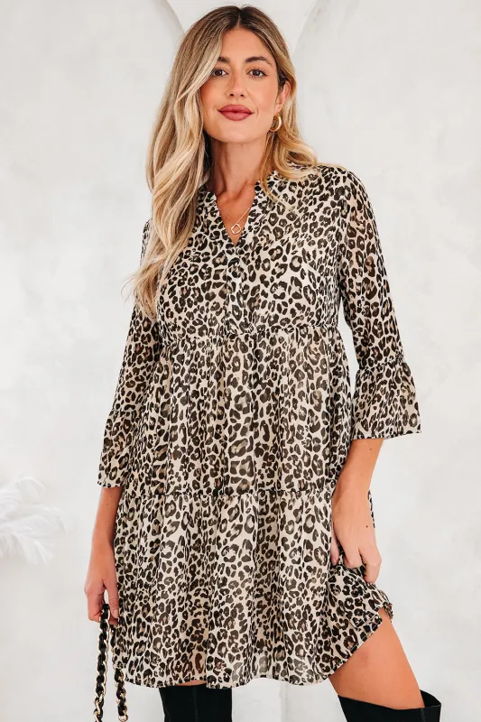 Leopard 3/4 Sleeve V-Neck Smock Dress sold by eAura